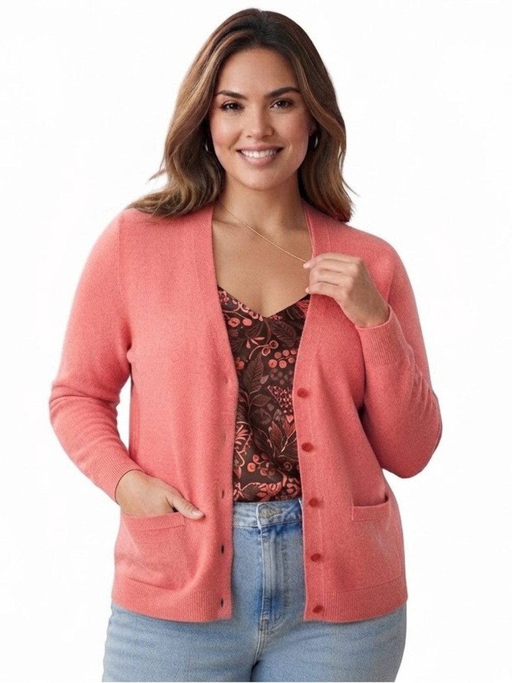 St. John 100% Cashmere Coral Pink V-Neck Button Cardigan Sweater Size Large
